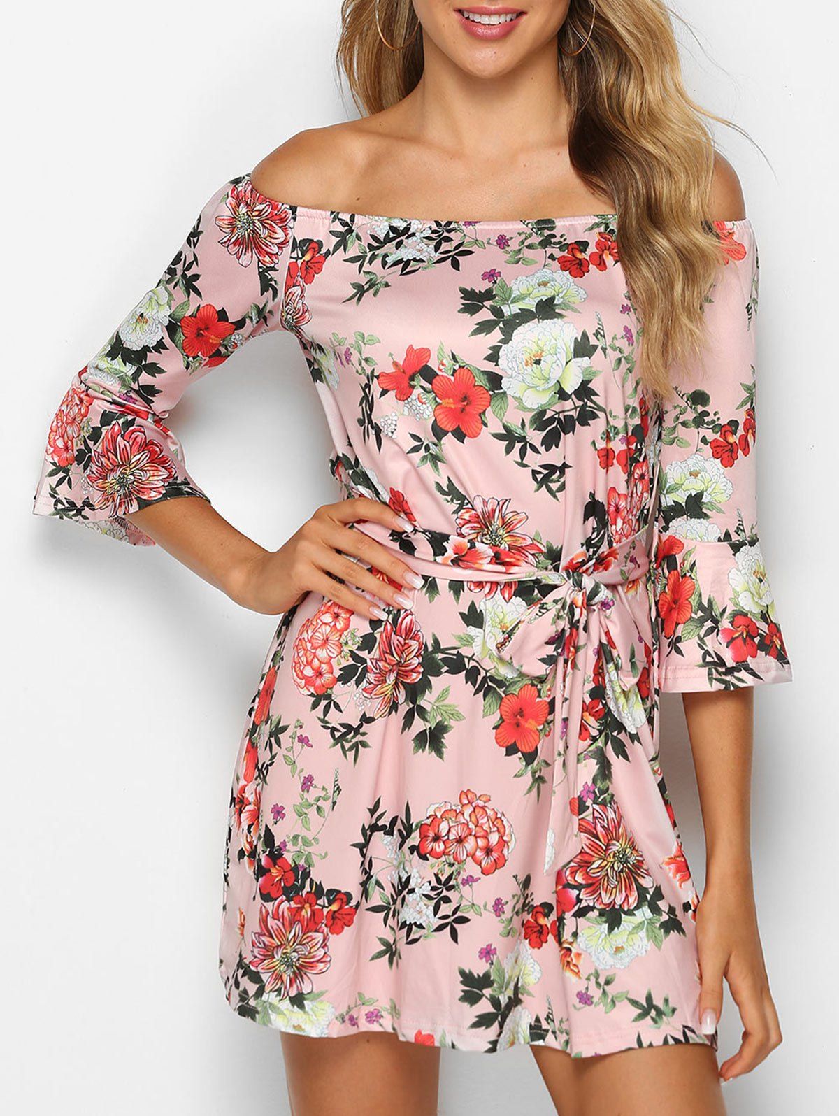 

Floral Print Off The Shoulder Belted Dress, Pink