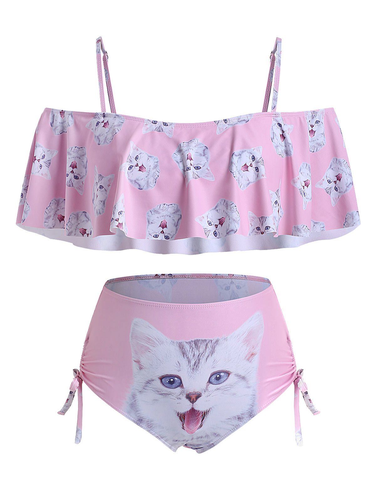 

Plus Size Cat Print Flounce Cinched Open Shoulder Two Pieces Swimsuit, Pink