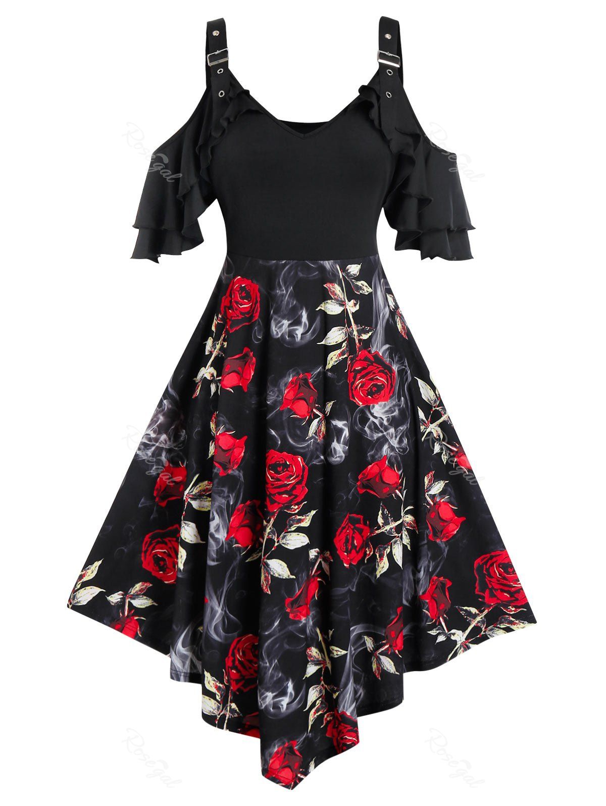 

Plus Size Ruffle Cold Shoulder Buckles Floral Print Dress, Black