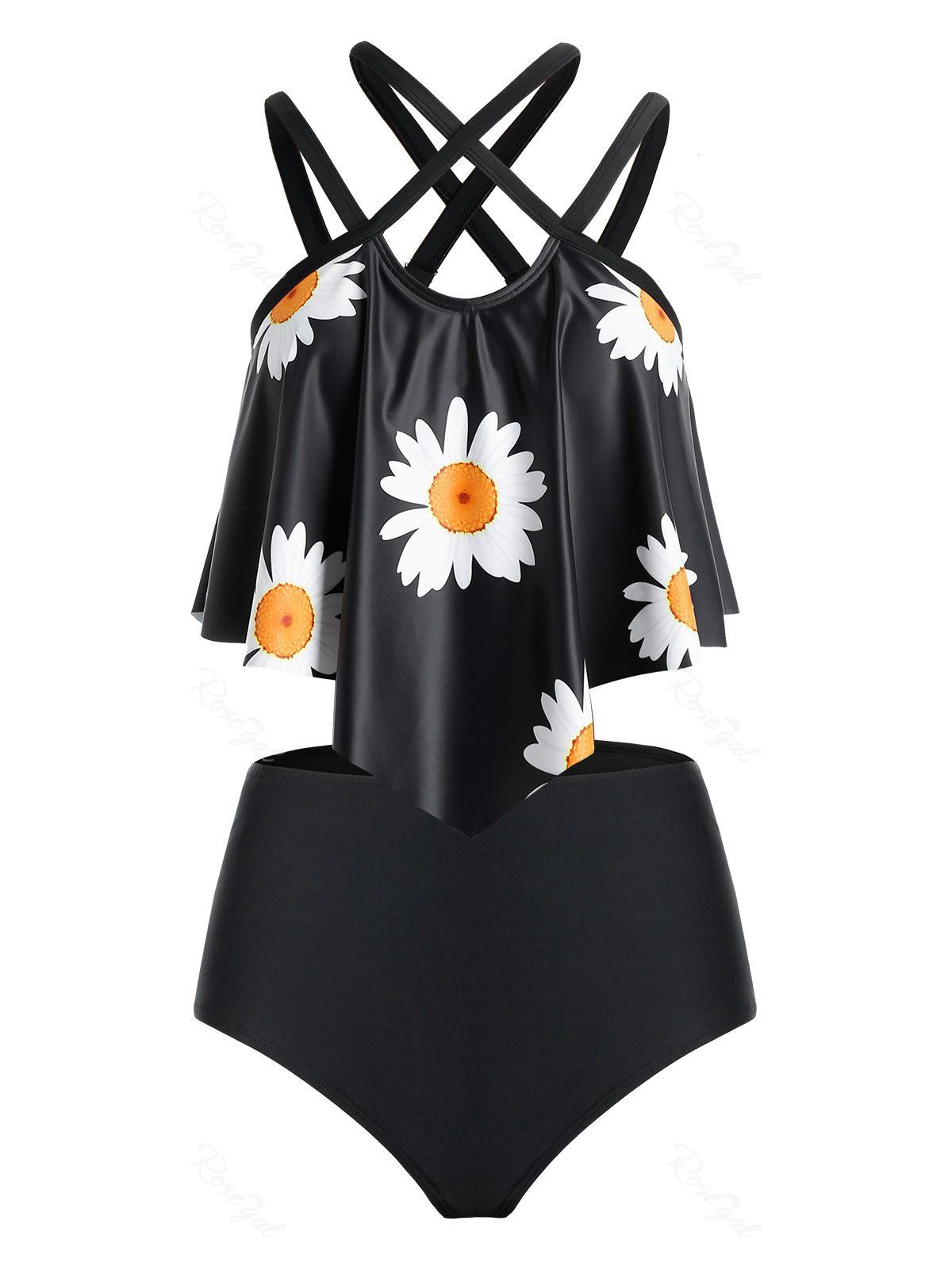 

Plus Size Flower Criss Cross Caged High Rise Tankini Swimwear, Black