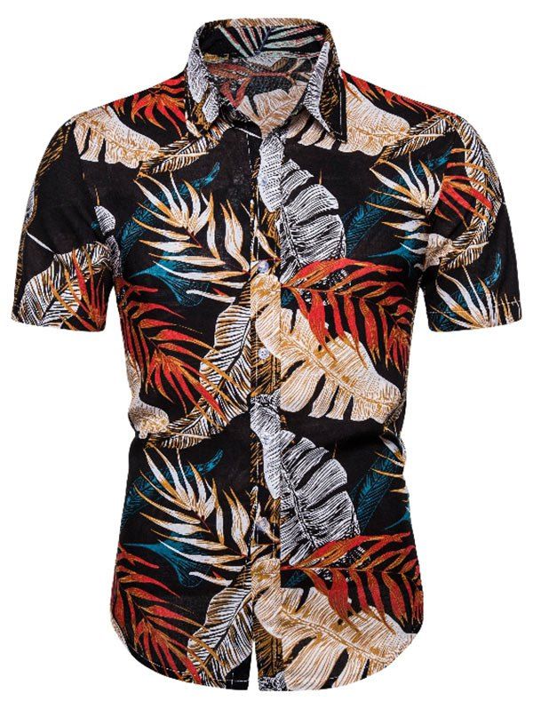 

Leaves Print Button Up Short Sleeve Shirt, Multi
