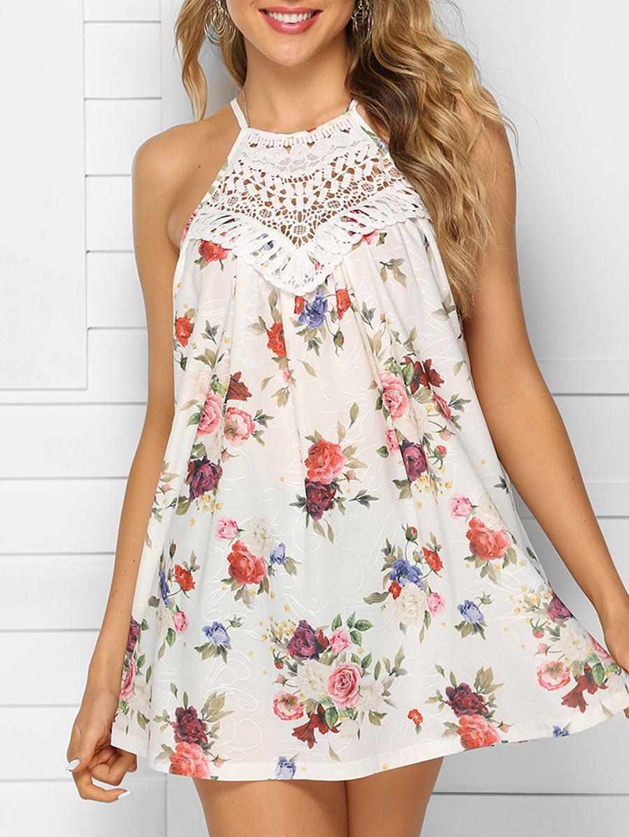 

Floral Tie Crochet Panel Tank Top, Multi-a