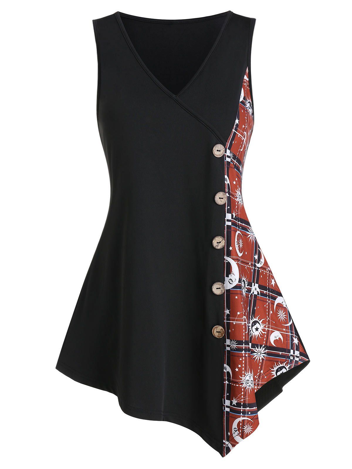 

V Neck Button Plaid Panel Asymmetrical Tank Top, Black