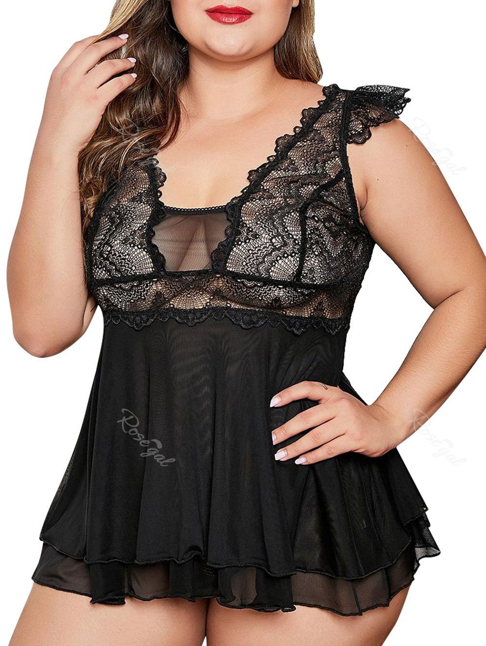 

Back Slit Lace Panel Sheer Mesh Lingerie Plus Size Babydoll, Black