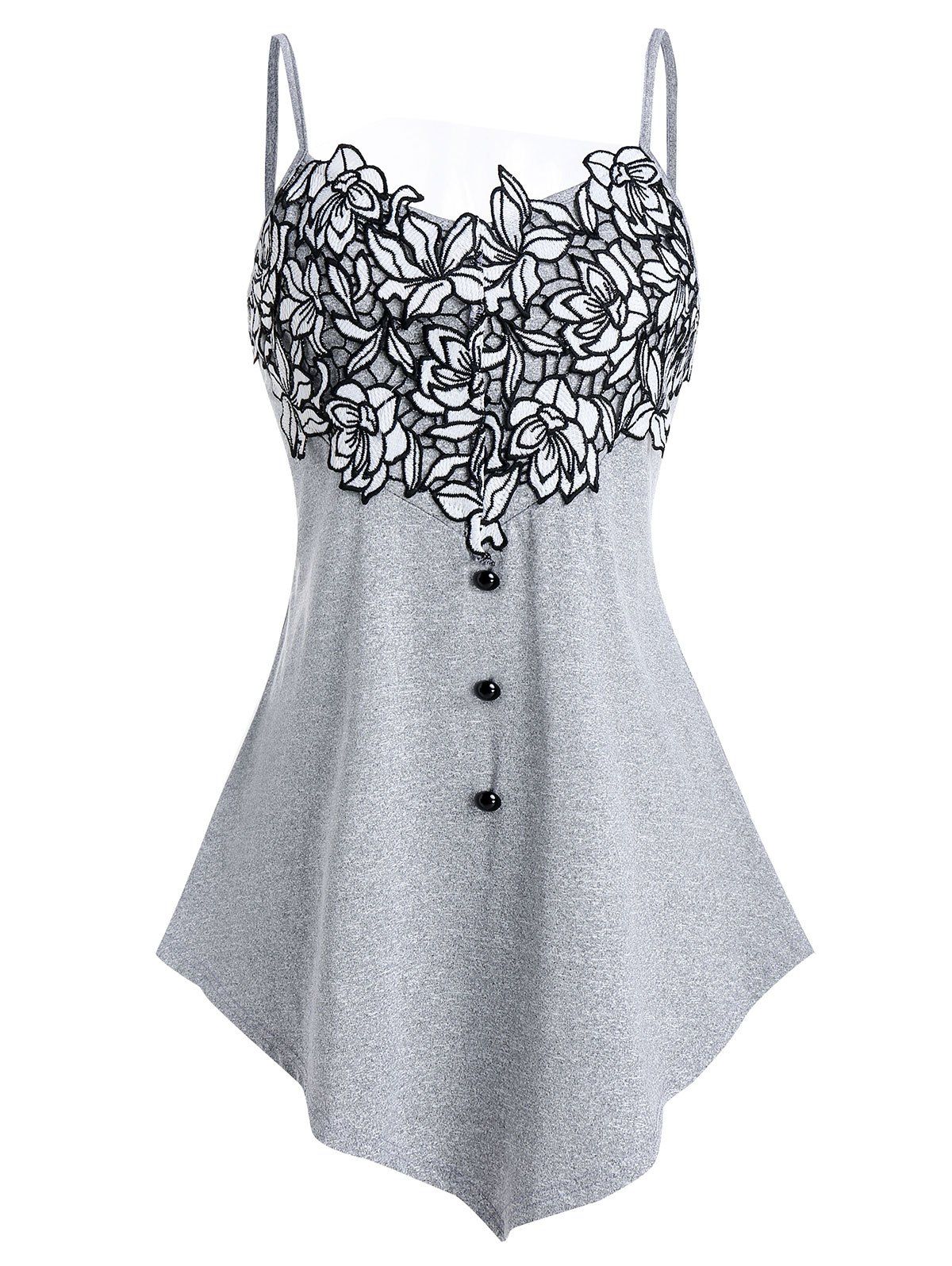 

Floral Embroidery Button Asymmetrical Tank Top, Gray cloud