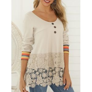 

Flower Lace Panel Mock Button Striped T-shirt, Crystal cream