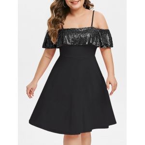 

Plus Size Sequin Open Shoulder Party Cocktail Dress, Natural black