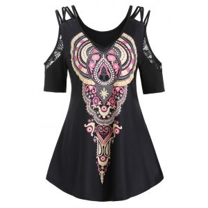 

Tribal Print Cold Shoulder Lace Insert T-shirt, Black