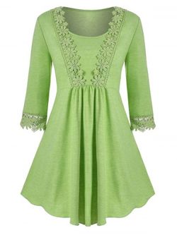 Plus Size Scoop Laced Trim Tunic Top - GREEN - L