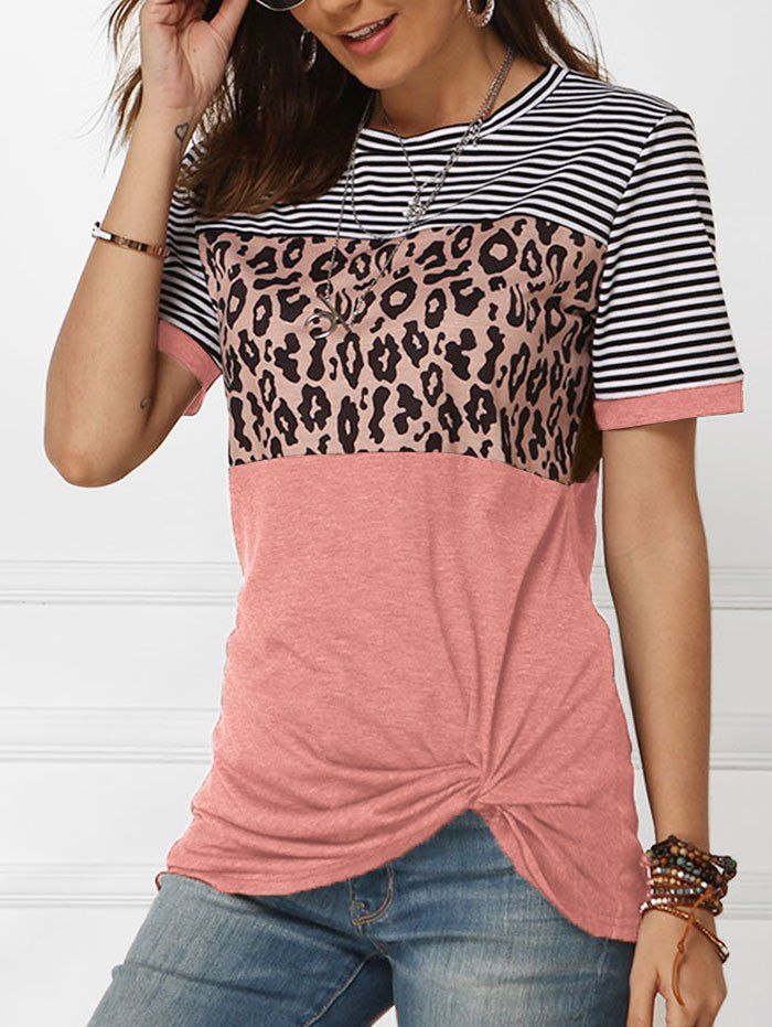 

Leopard Print Striped Twist Short Sleeves Tee, Pink