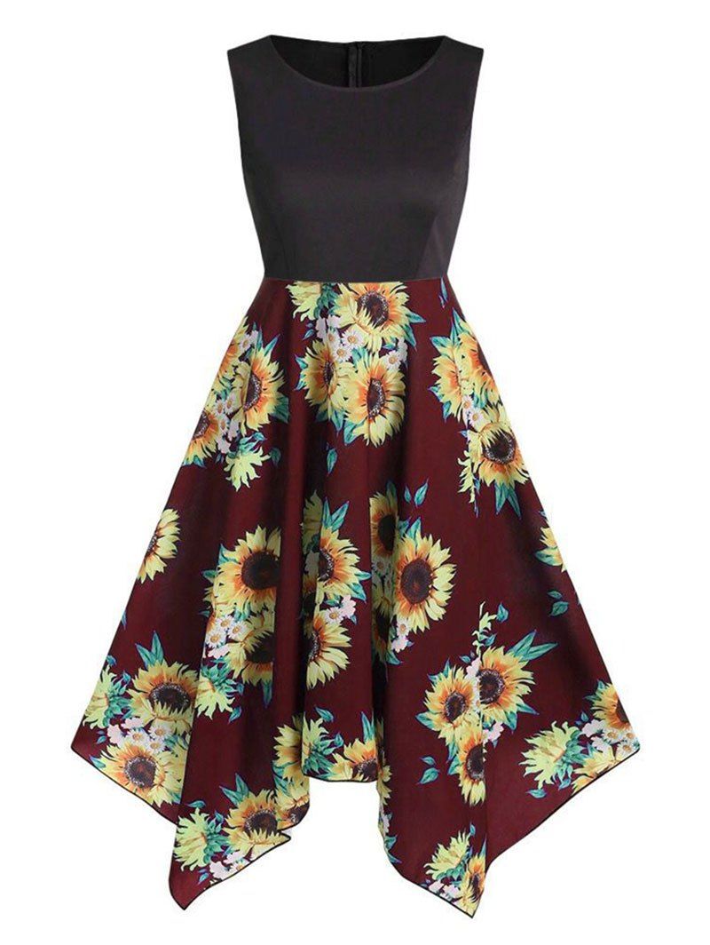 

Sunflower Print Asymmetric Round Neck Dress, Firebrick
