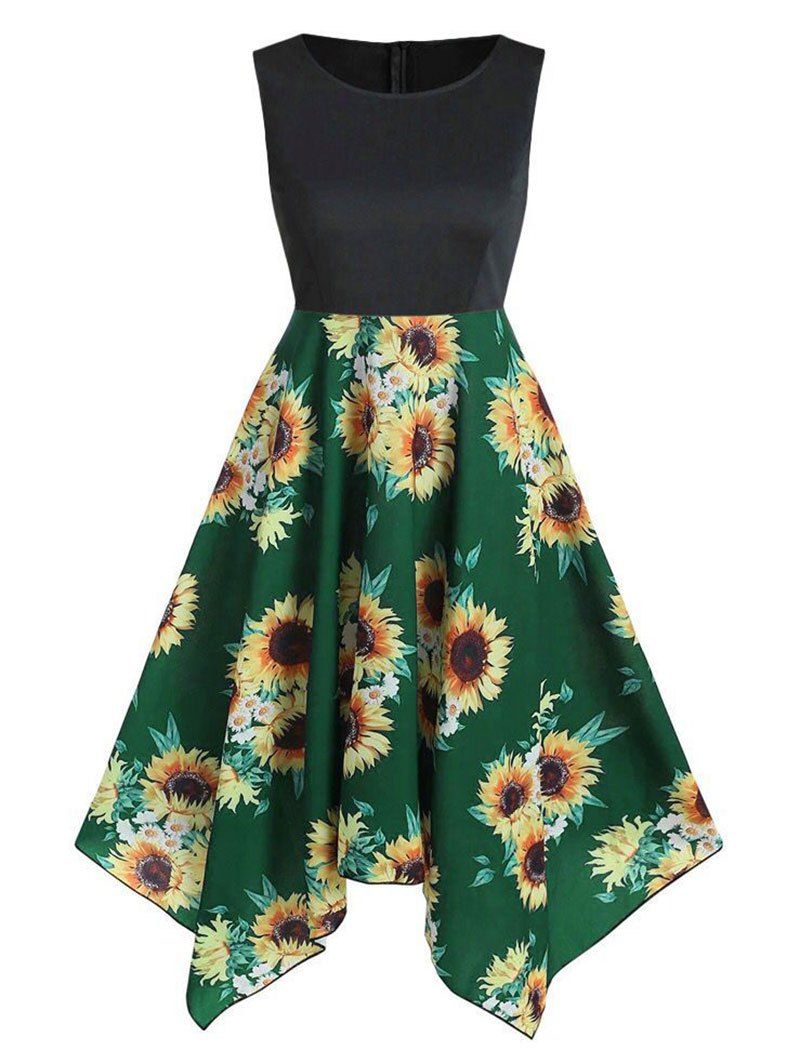 

Sunflower Print Asymmetric Round Neck Dress, Medium forest green