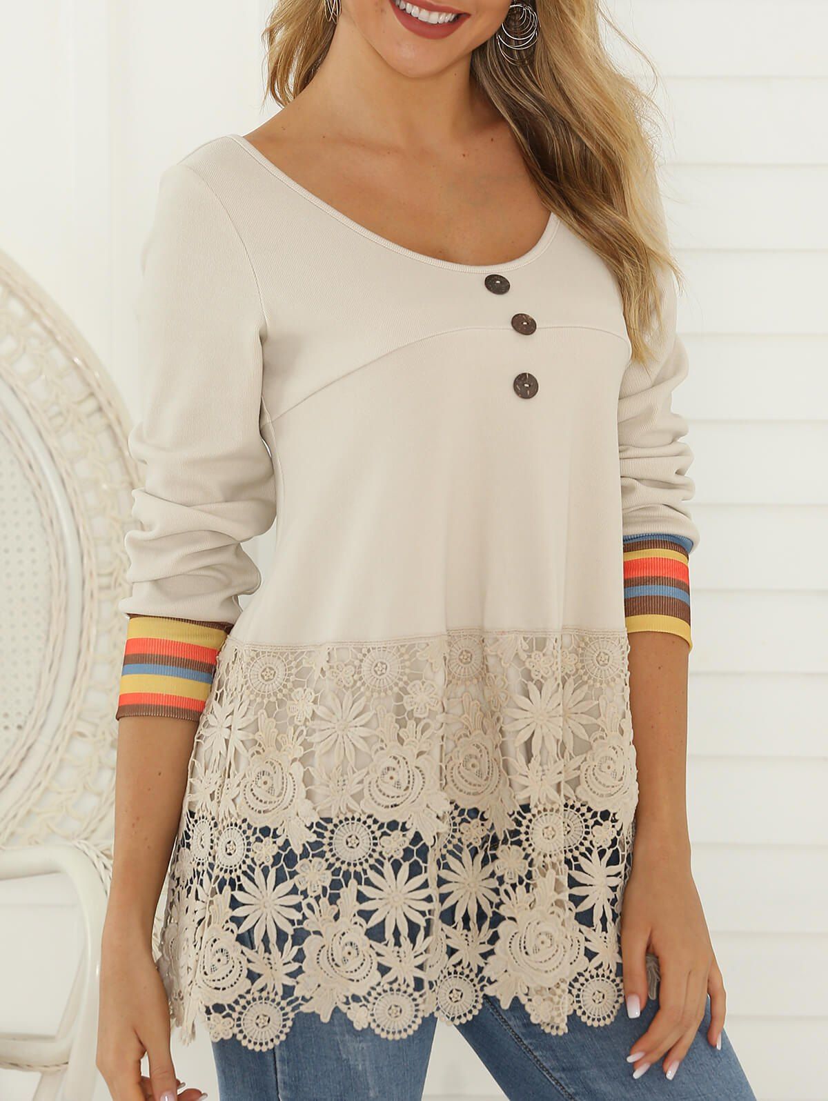 

Flower Lace Panel Mock Button Striped T-shirt, Crystal cream