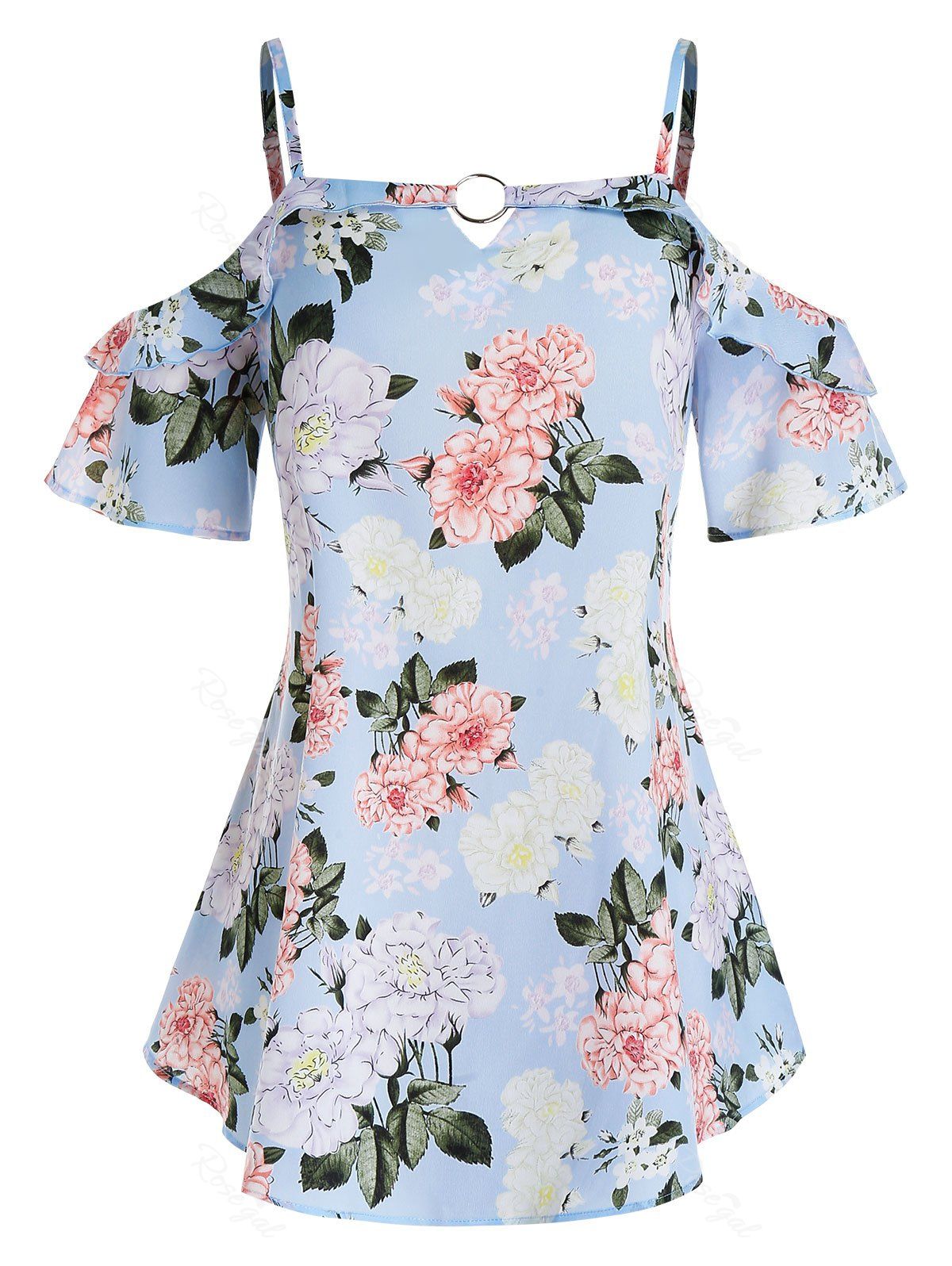 

Plus Size Cold Shoulder Print Ring Tunic Top, Light sky blue