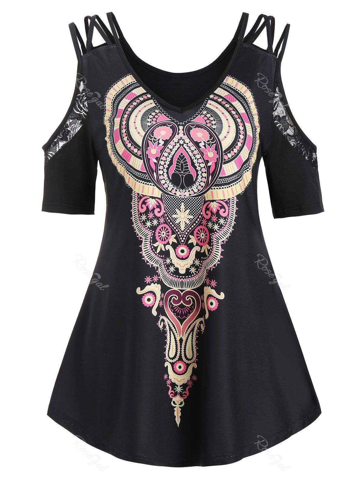 Latest Tribal Print Cold Shoulder Lace Insert T-shirt  