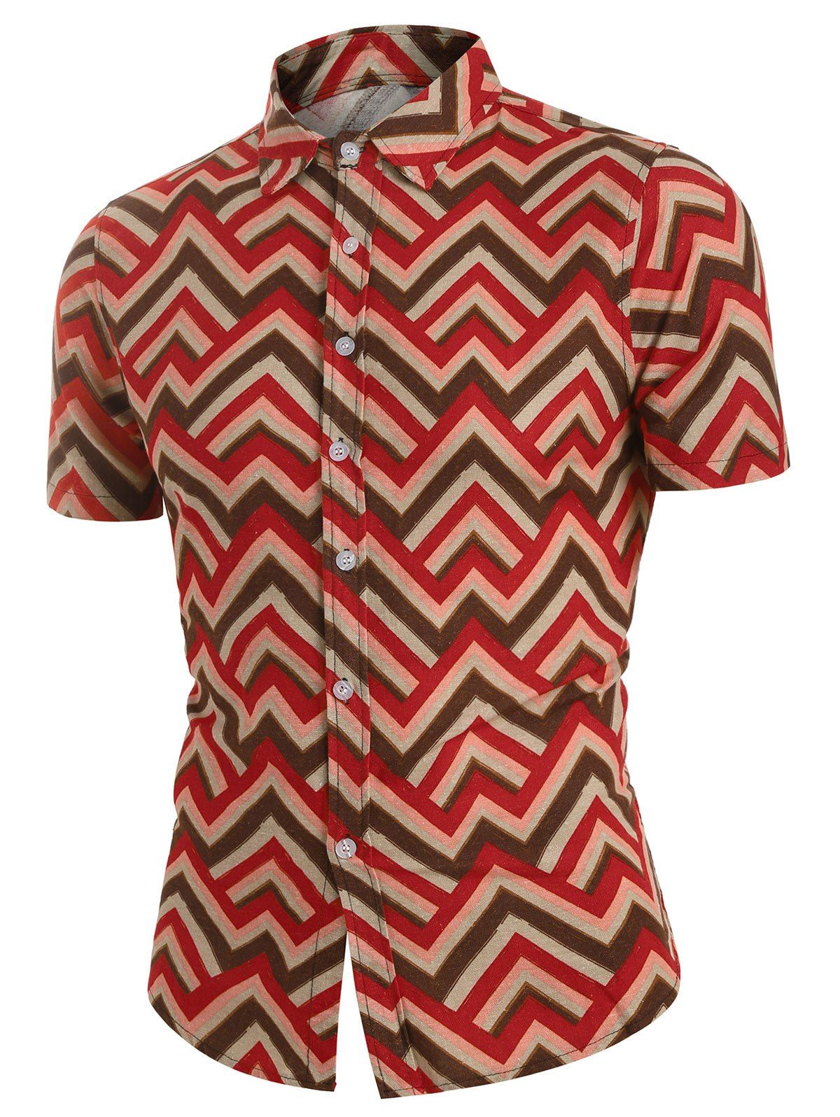 

Zigzag Print Linen Short Sleeve Shirt, Red