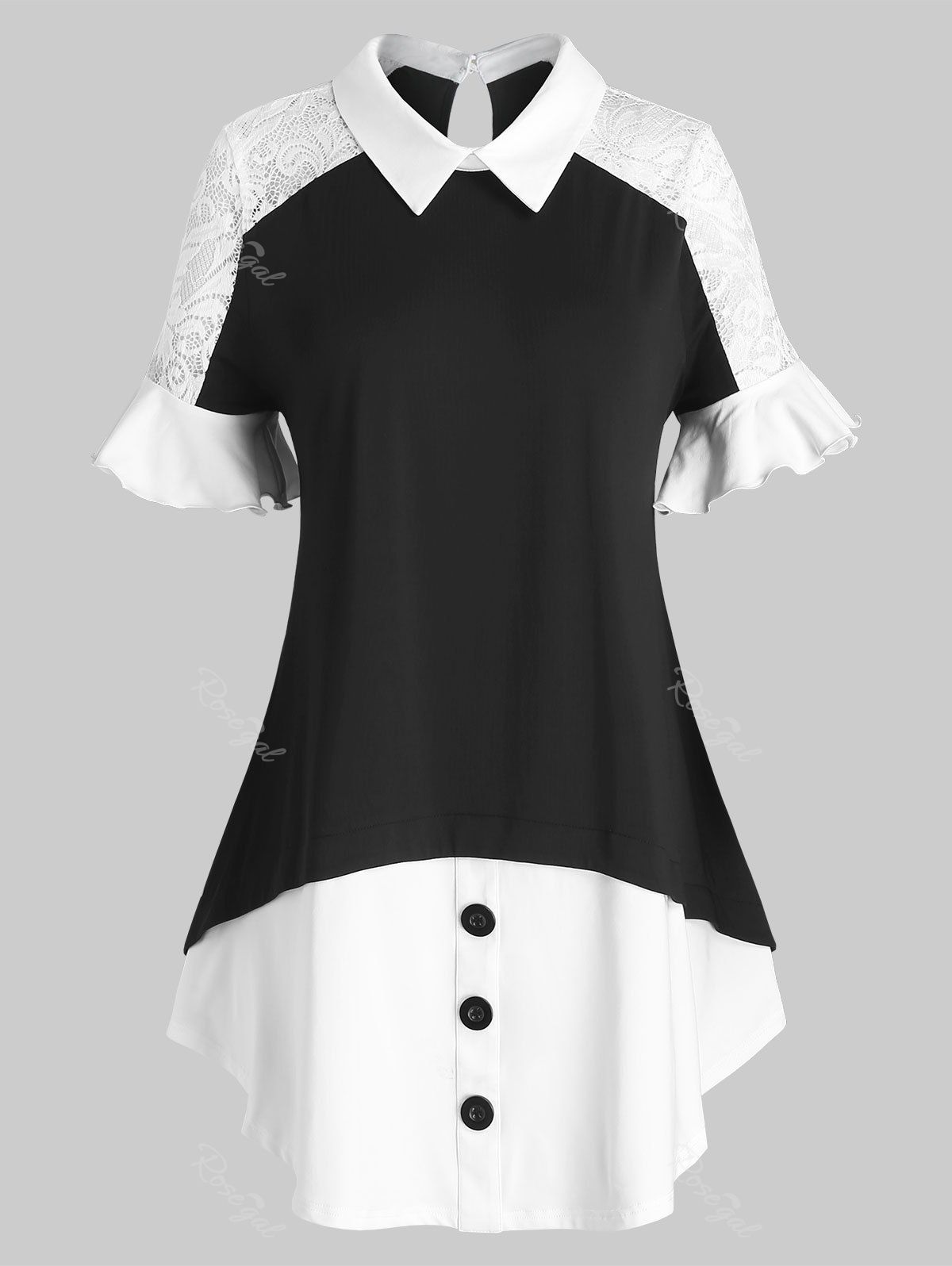 

Plus Size Flare Cuff Colorblock Lace Insert Blouse, Black