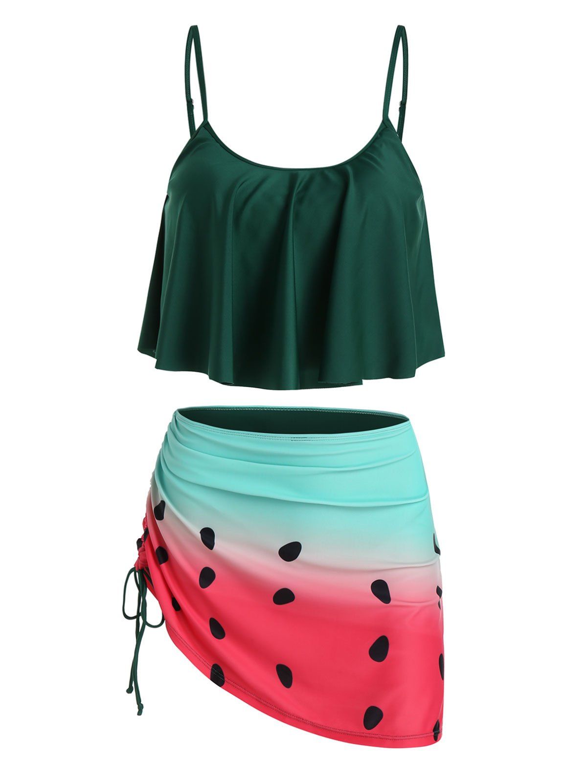 

Watermelon Print Asymmetric Cinched Tankini Swimwear, Sea turtle green