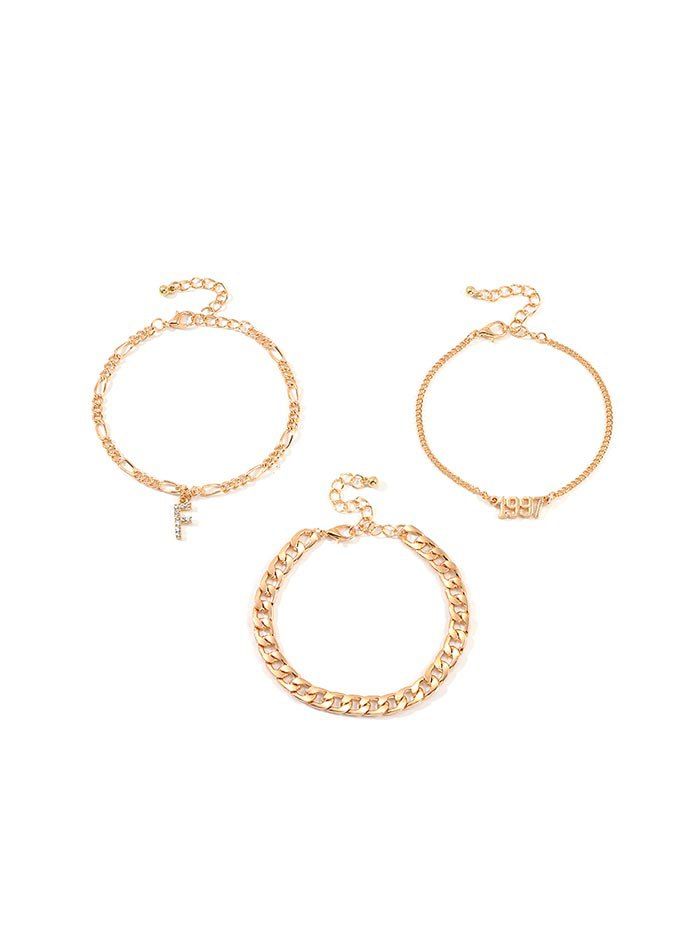 

3Pcs Rhinestone Letter F Chain Bracelet Set, Gold