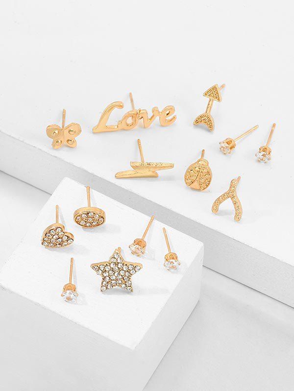 

14Pcs Letter Star Heart Rhinestone Earrings Set, Gold