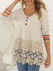 Flower Lace Panel Mock Button Striped T-shirt -  