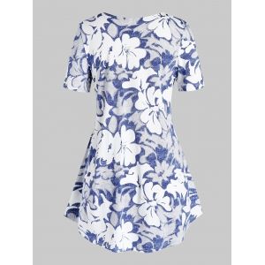 

Plus Size V Neck Floral Print T Shirt, Ocean blue
