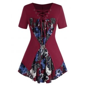 

Plus Size Floral Print Lace Up Buckle T Shirt, Red wine
