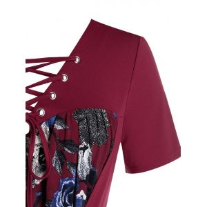 

Plus Size Floral Print Lace Up Buckle T Shirt, Red wine