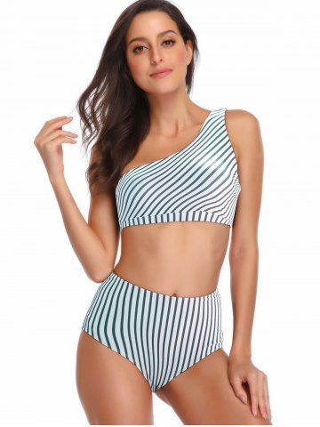 

Striped One Shoulder High Waisted Bikini Set, White