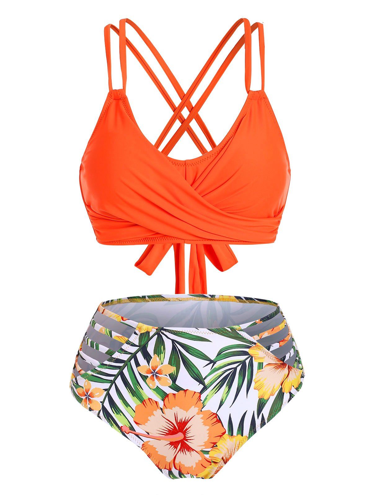 

Twist Crisscross Floral Leaf Ladder Cutout Bikini Set, Pumpkin orange