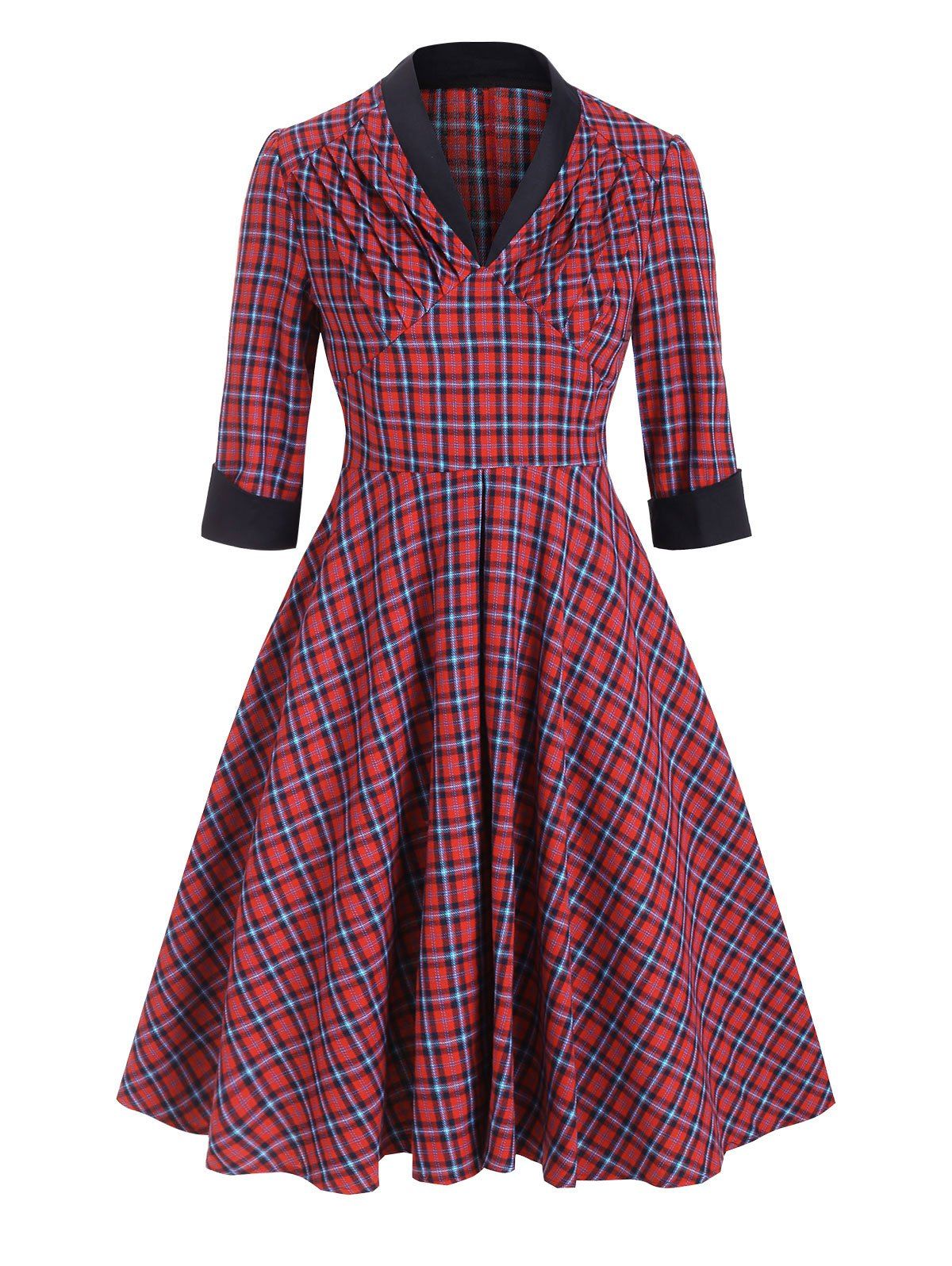 

Plaid Ruched V Neck Empire Waist Dress, Cherry red