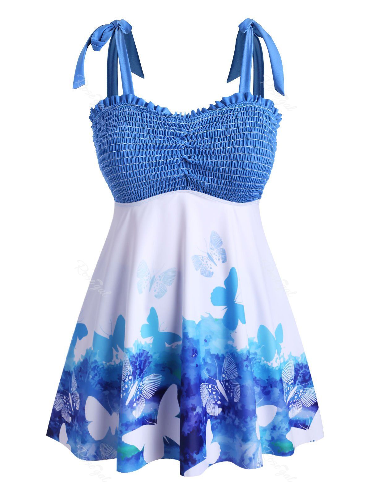 

Smocked Ruched Butterfly Tie Shoulder Plus Size Tankini Swimwear, Crystal blue