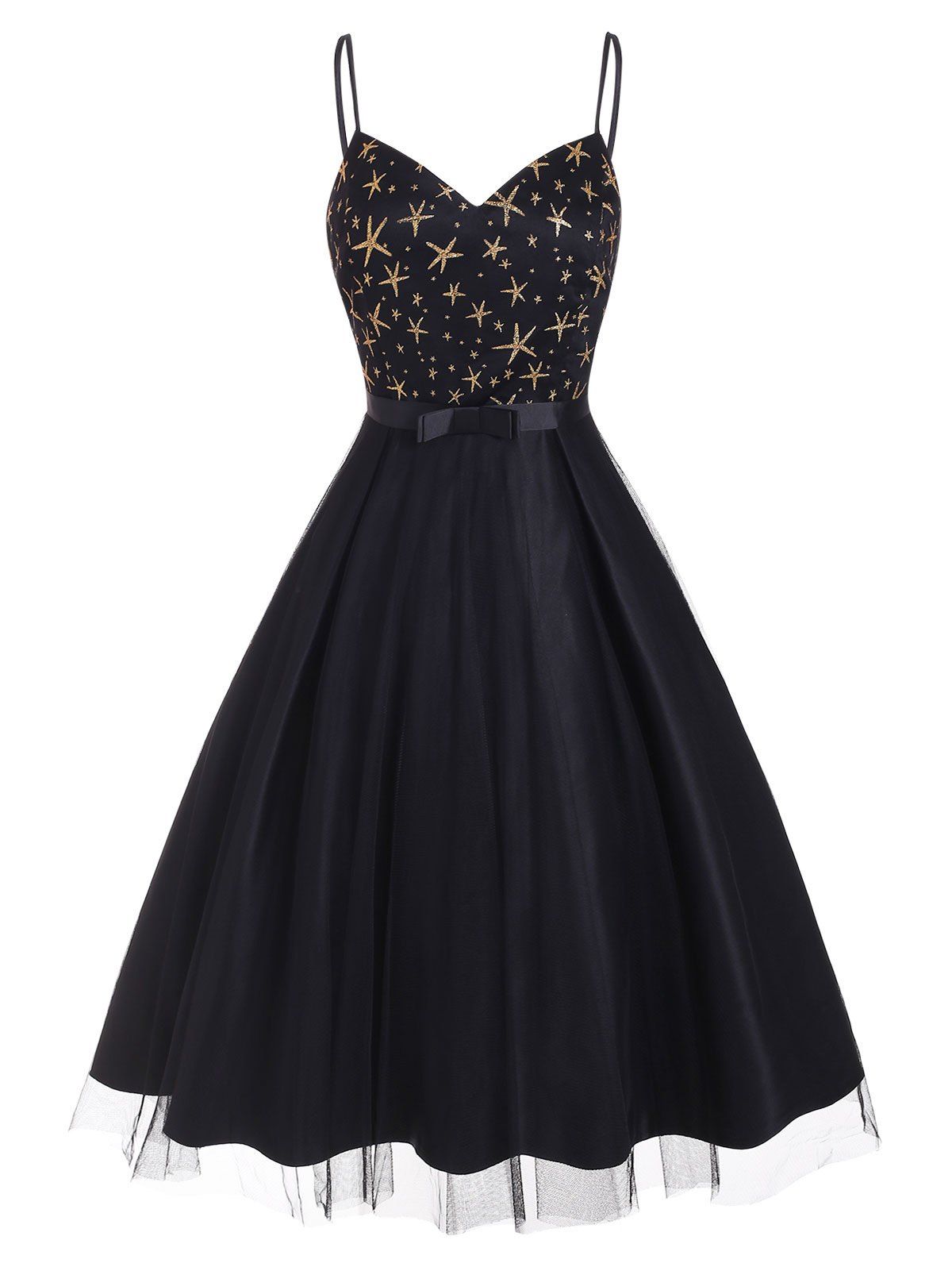 

Lace Overlay Sparkly Star Cami Party Dress, Black