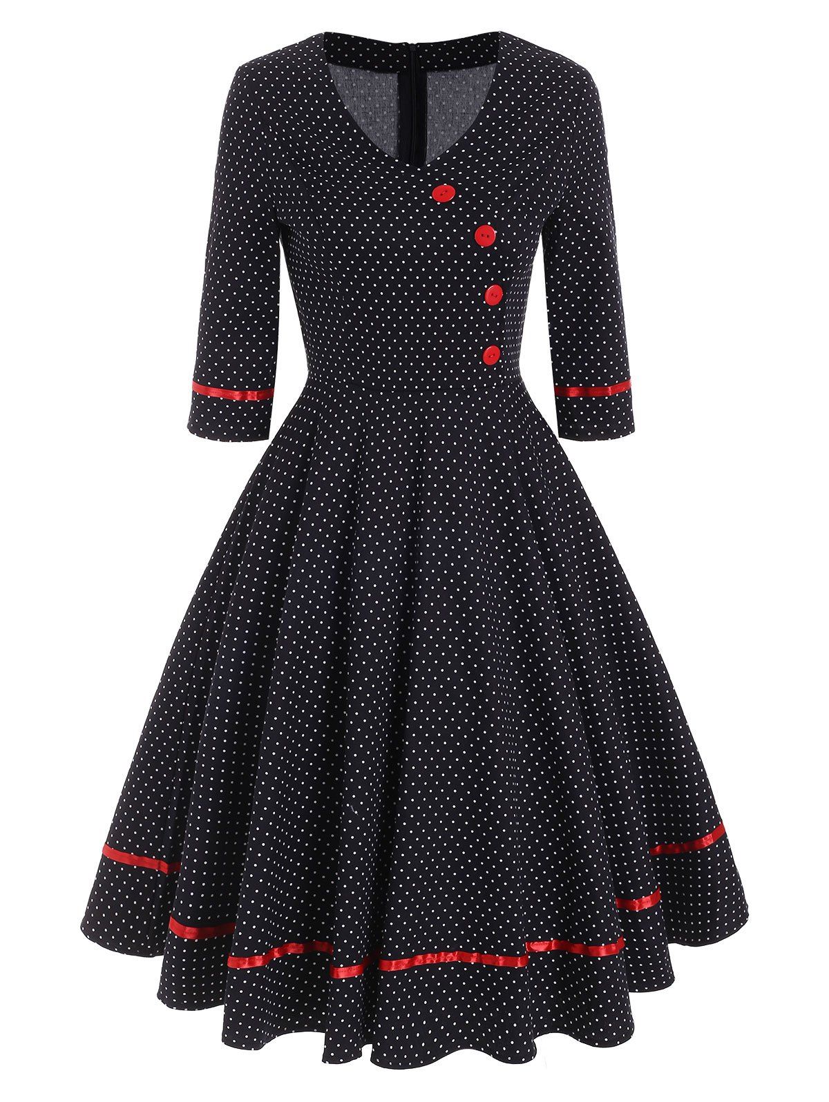 

V Neck Polka Dot Mock Button Dress, Black