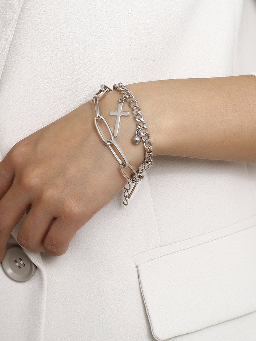 

Cross Pendant Chain Double Layered Bracelet, Silver