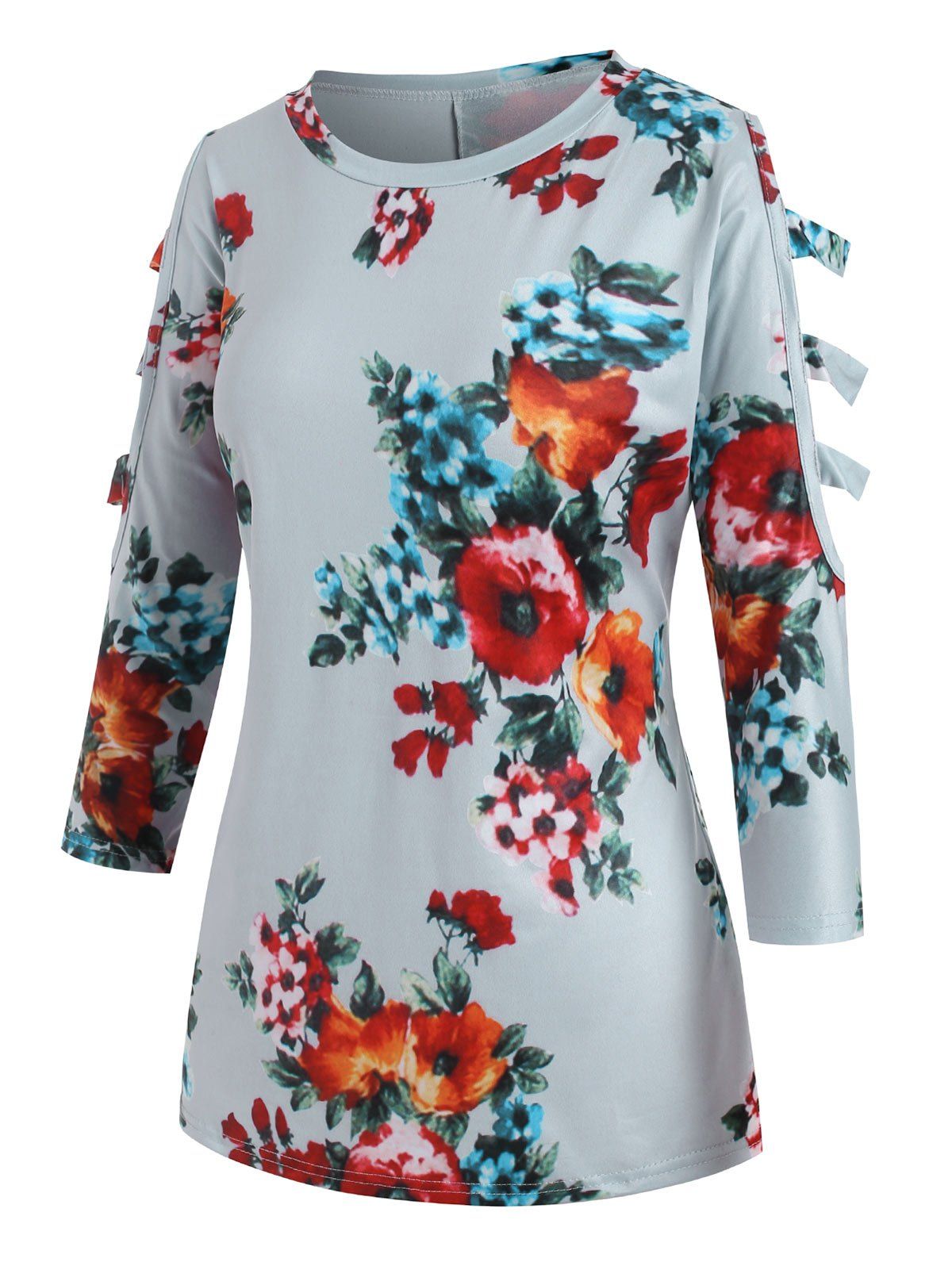 

Cut Out Floral Three Quarter Sleeves Tee, Blue gray