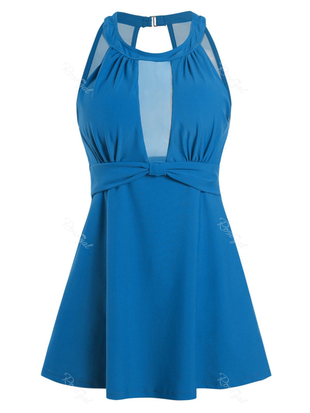 

Ruched Front Solid Mesh Panel Plus Size Tankini Swimwear, Blue