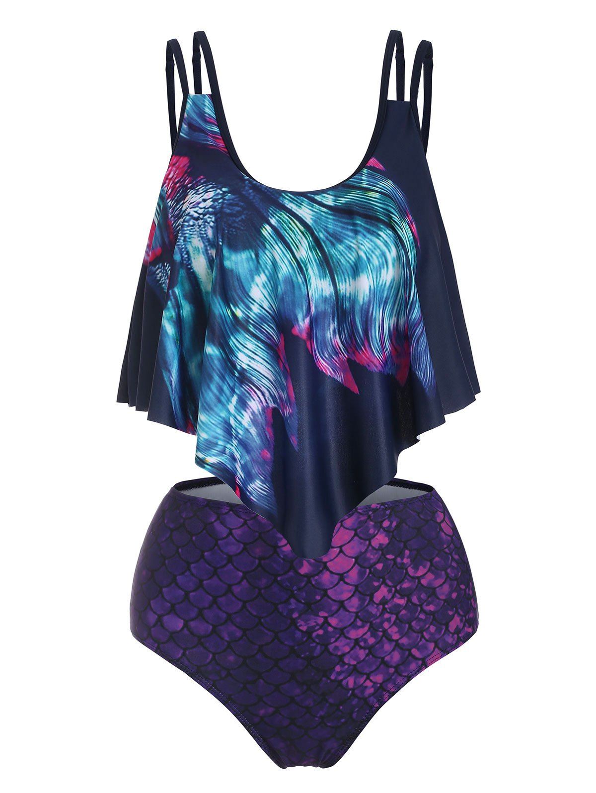 Flounce Overlay Mermaid Print High Rise Tankini Swimwear [34% OFF ...