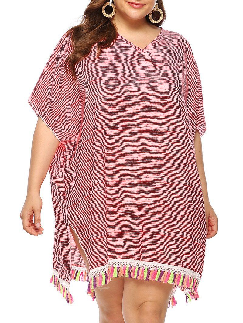 

Plus Size Tassels Stripe Cover Up Dress, Red