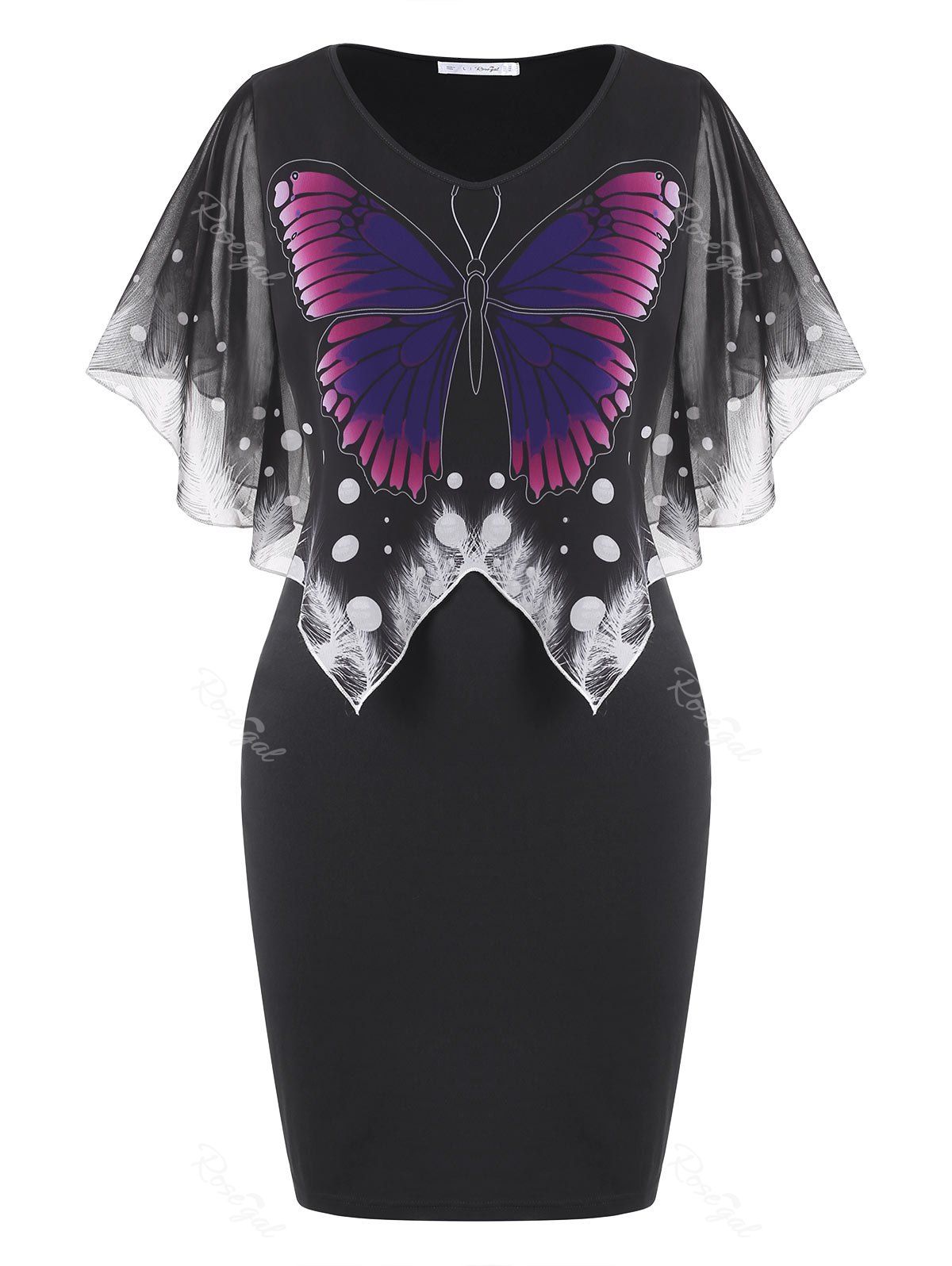 

Overlay Chiffon Panel Butterfly Plus Size Dress, Black