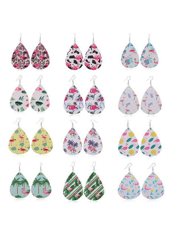 

12Pairs Flamingo Print Teardrop Earrings Set, Multi