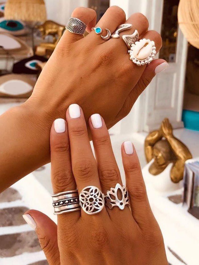 

7Pcs Retro Hollow Floral Shell Ring Set, Silver