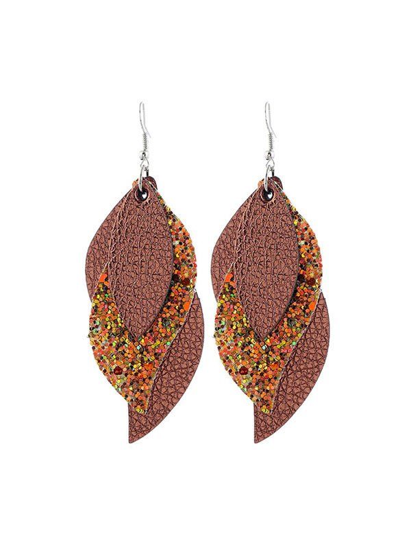 

Layers Glitter Leather Leaf Shape Earrings, Coffee