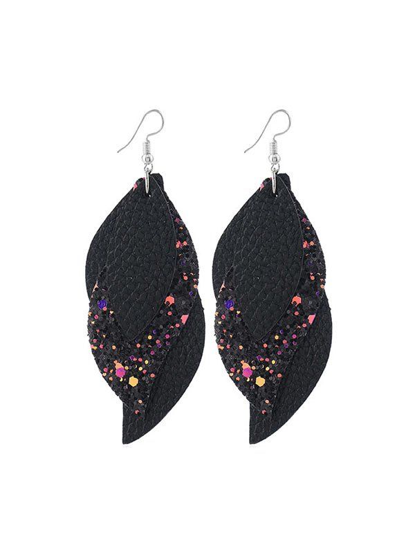 

Layers Glitter Leather Leaf Shape Earrings, Black