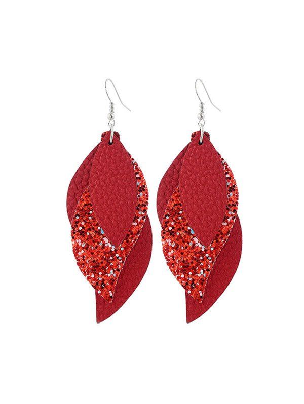 

Layers Glitter Leather Leaf Shape Earrings, Red