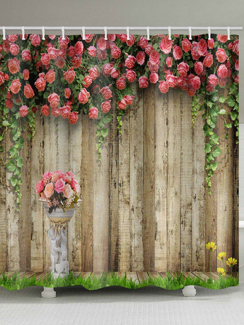 

Flowers Wooden Board Print Waterproof Bathroom Shower Curtain, Multi