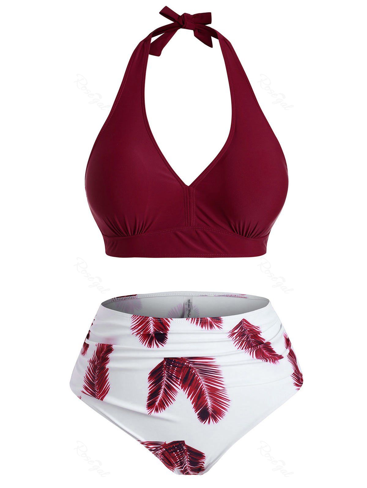 

Ruched Halter Leaves Print Plus Size Bikini Swimwear, Red