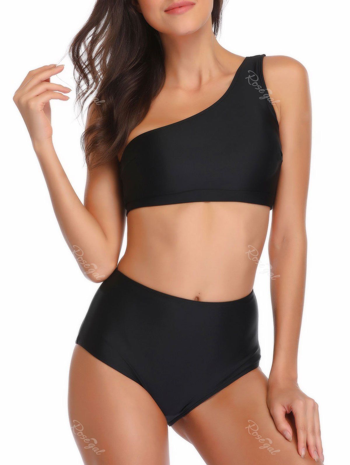 

Striped One Shoulder High Waisted Bikini Set, Black