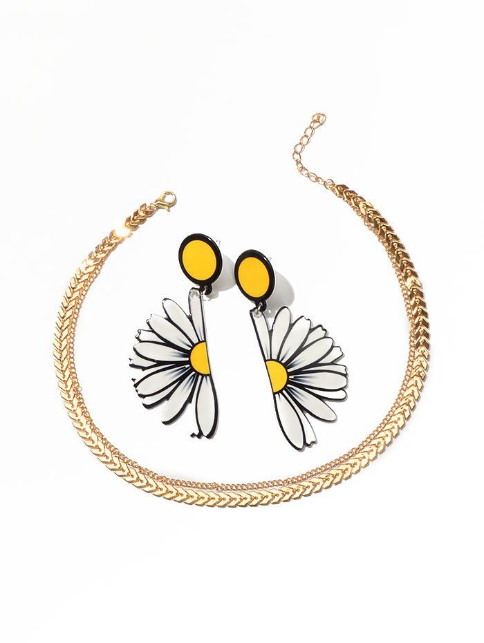 

Flower Earrings Layered Herringbone Necklace Set, Gold