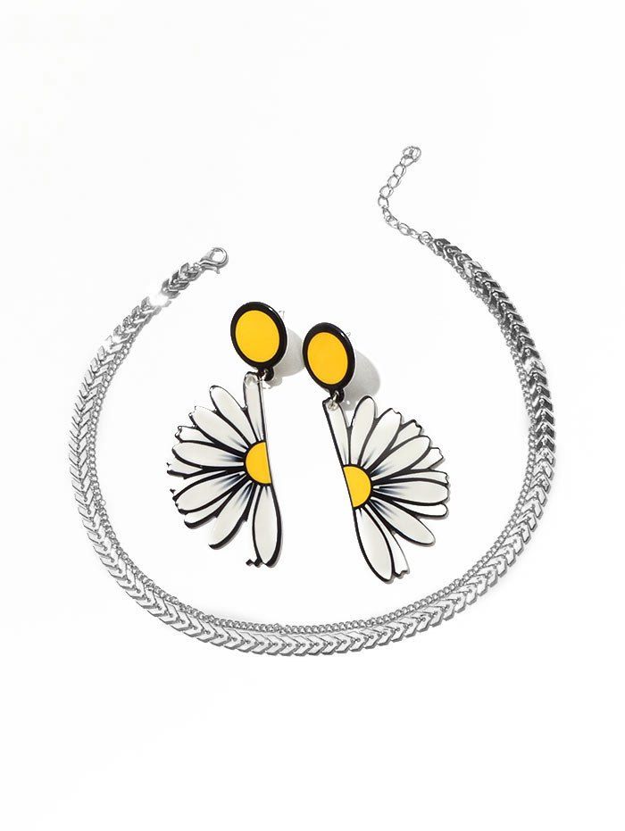 

Flower Earrings Layered Herringbone Necklace Set, Silver